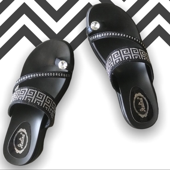 Italina Shoes - Italina Black & Silver Toe Bling Wedge SANDAL